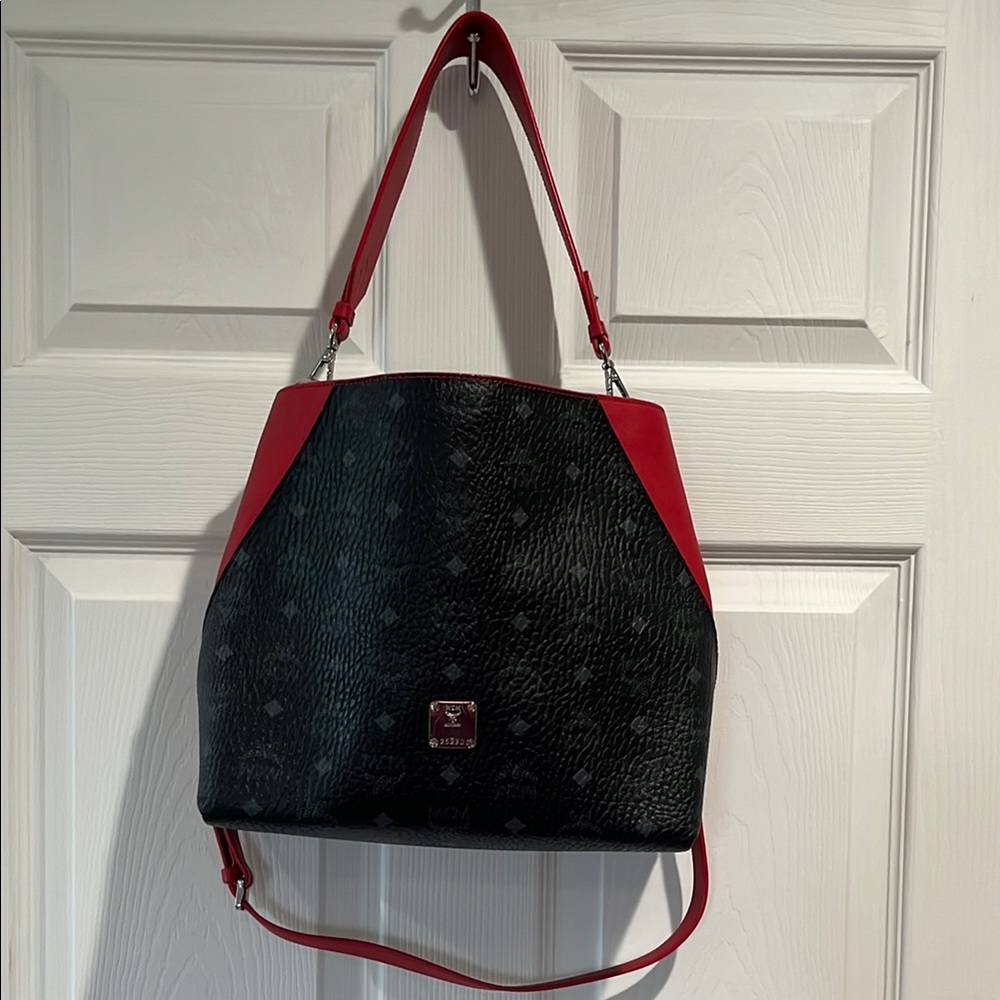 MCM Black and Red Shoulder Bag with Logo Print